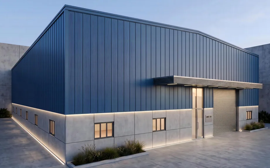 Pre-engineered steel warehouse building with profiled cladding