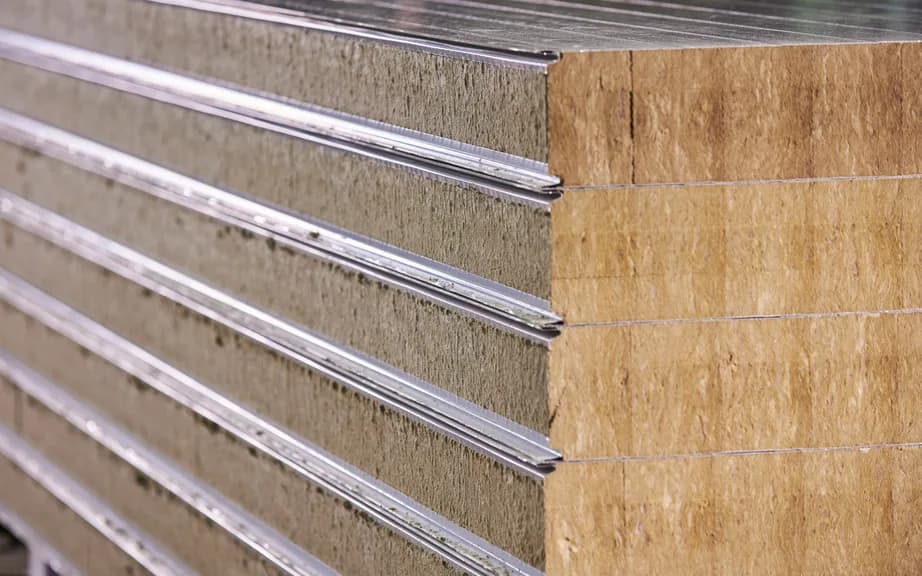 Rock wool sandwich panels showing the mineral core