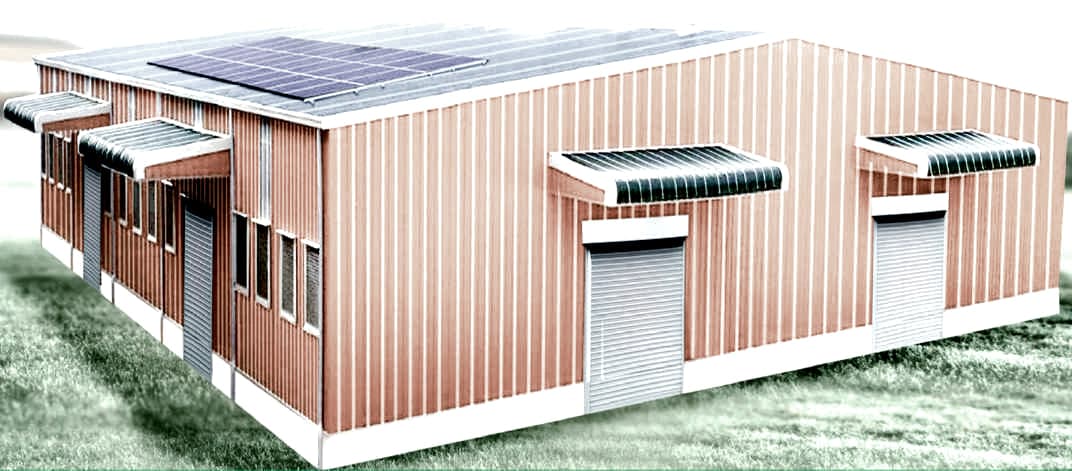 Aquaproof roof sheeting with solar panels clamped to the ribs