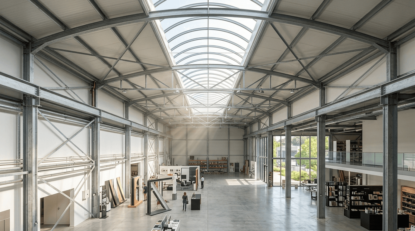 Daylit steel roof structure over an industrial interior