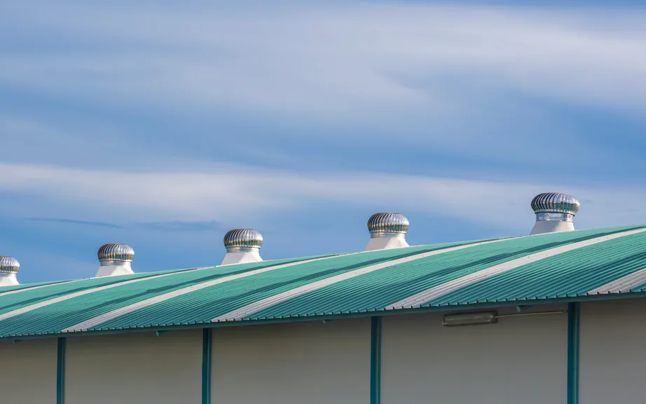 Turbine roof ventilators along an industrial roof