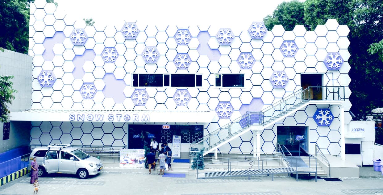 Snow park at Athirappilly, clad in a patterned steel facade