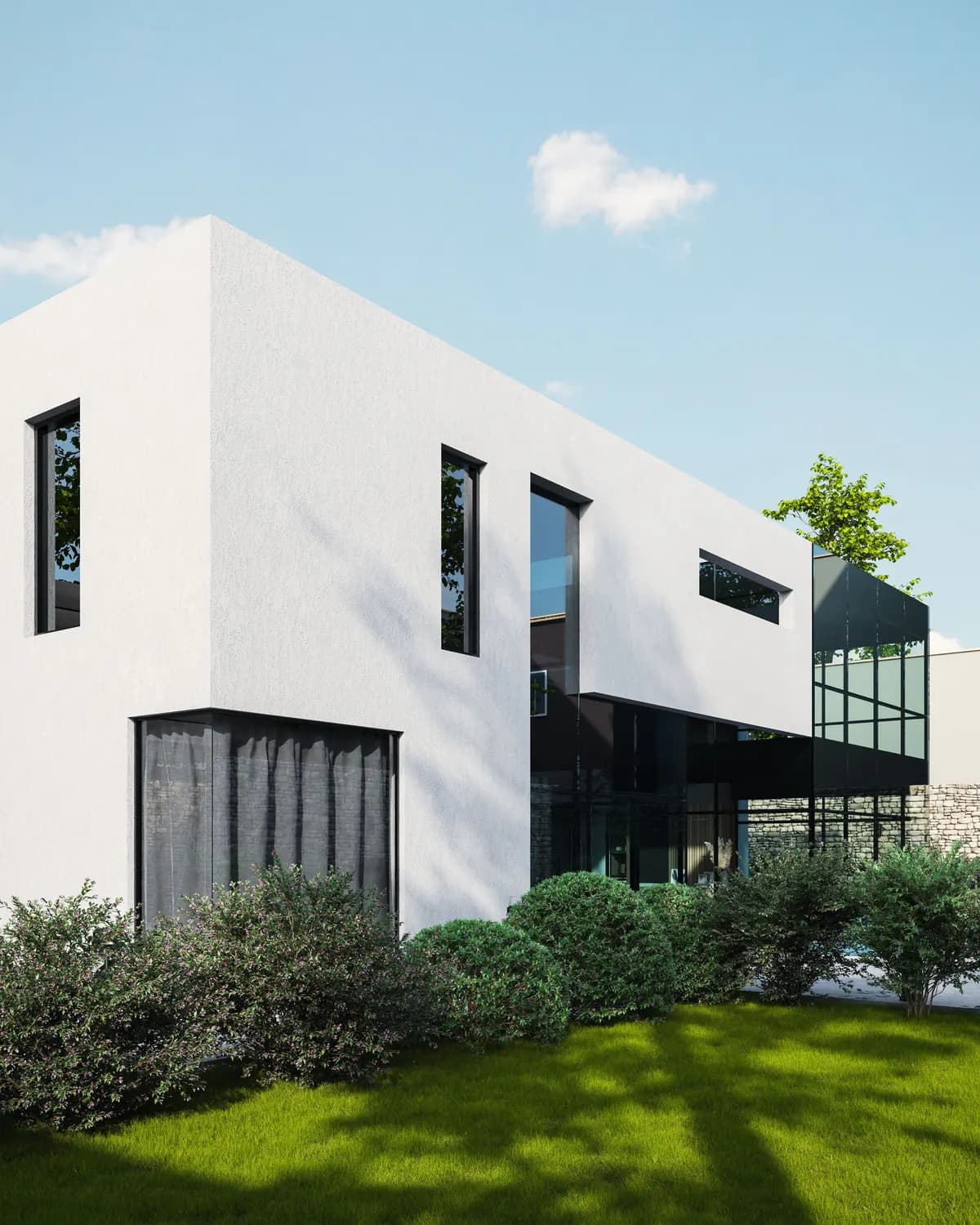 White two-storey panel-built house with a flat roof and garden